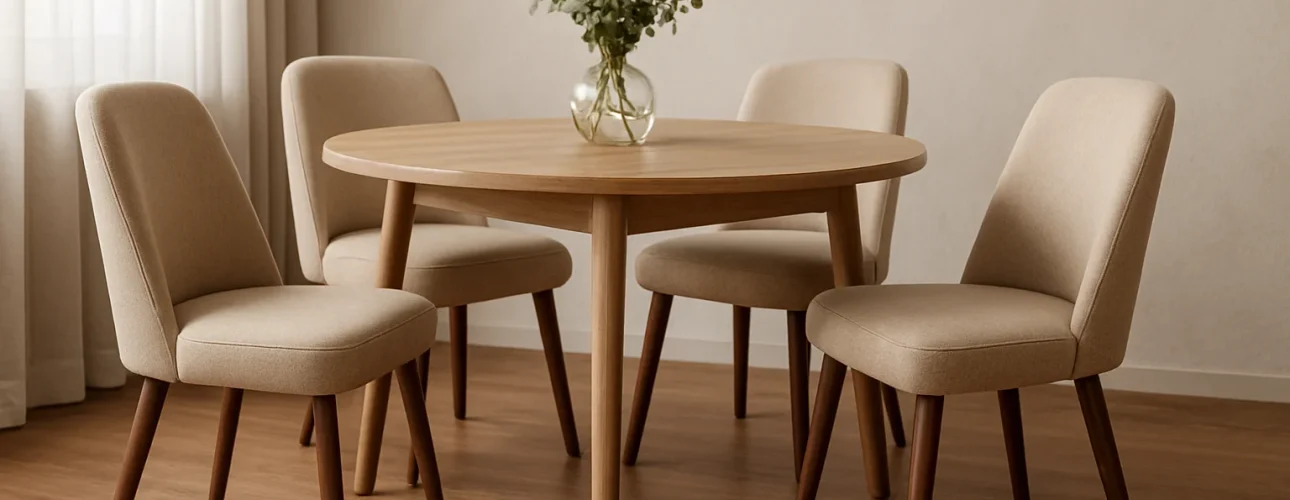 Een ronde houten eettafel met vier beige eetkamerstoelen, geplaatst op een houten vloer. Een glazen vaas met groen gebladerte staat in het midden van de tafel. Licht valt naar binnen door een raam met witte gordijnen op de achtergrond.