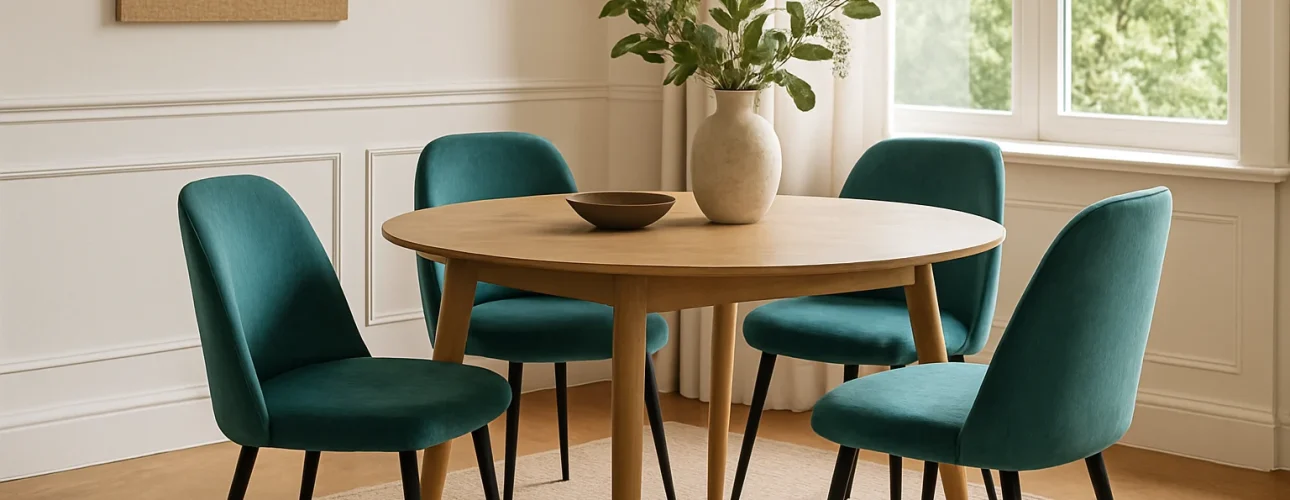 Een ronde houten eettafel met een beige vaas met groene bladertakken en een schaal staat op een licht vloerkleed, omringd door vier blauwgroene eetkamerstoelen in een lichte kamer met grote ramen en witte gordijnen.