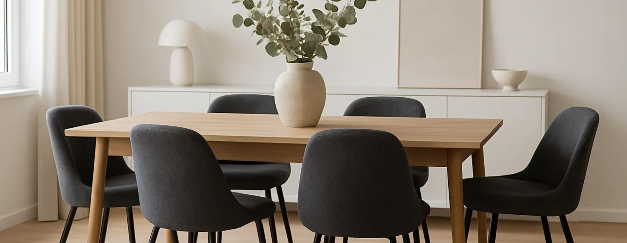 Minimalistische eetkamer met een houten tafel, zes donkere grijze stoelen, een vaas met groen middenstuk en eenvoudige decoratie op een wit dressoir tegen een lichtgekleurde muur. Natuurlijk licht valt binnen via een raam aan de linkerkant. Wat maakt donker grijs uniek?.