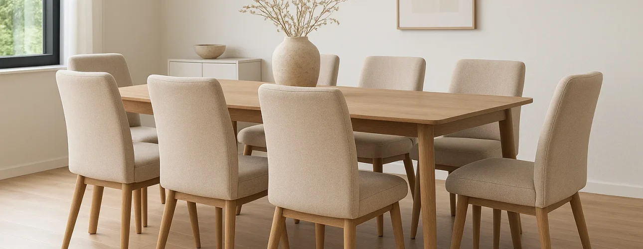 Een eetkamer met een lichthouten tafel omringd door zes beige gestoffeerde stoelen, met de nadruk op wat een beige eetkamerstoel zo stijlvol maakt. Een grote vaas met takken staat op tafel, met een minimalistische inrichting en een ingelijst abstract kunstwerk aan de muur.