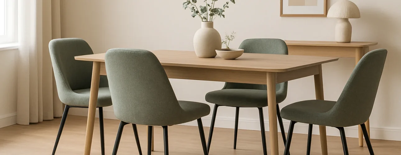 Een moderne eetkamer met een houten tafel, vier grijze groene eetkamerstoelen, een vaas met groen, een schaal, een dressoir, een decoratieve lamp, ingelijste kunst aan de muur en natuurlijk licht uit een raam. Wat maakt deze ruimte zo stijlvol?.
