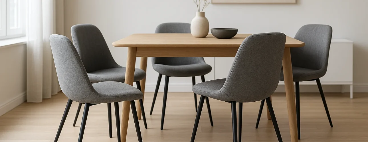 Een lichte houten eettafel met vijf moderne grijze eetkamerstoelen in een minimalistische kamer. Op de tafel staan een zwarte kom, een lichte kom en een kleine vaas met gedroogde bloemen. Licht stroomt naar binnen vanuit een raam aan de linkerkant.