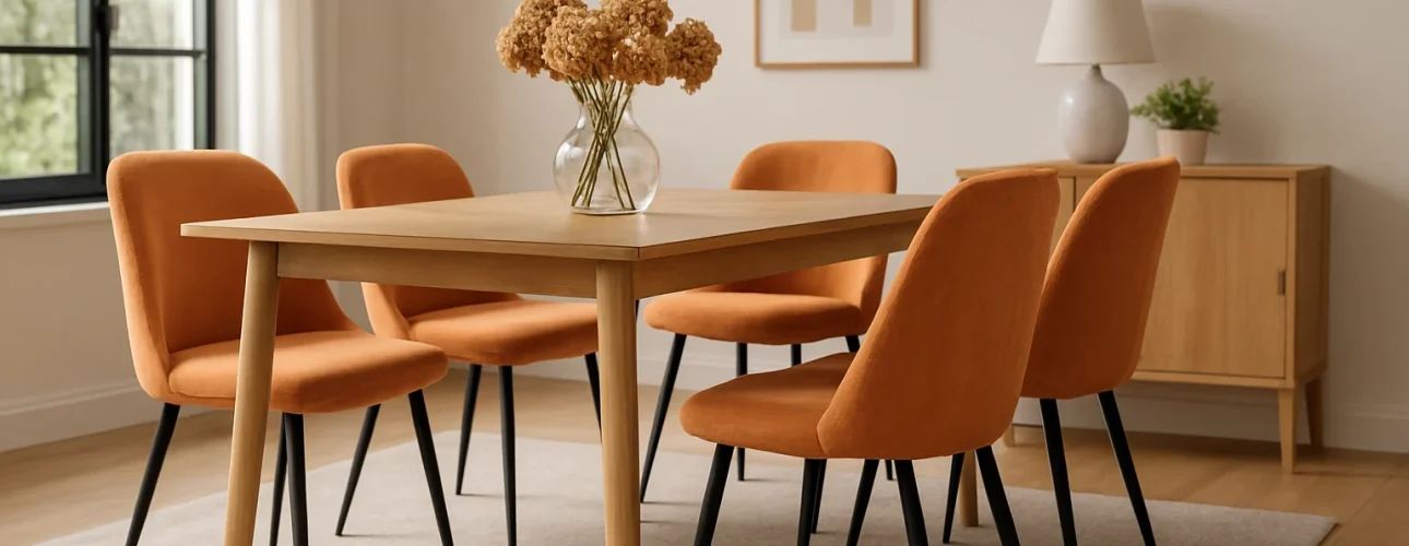 Een moderne eetkamer met een houten tafel, zes oranje gestoffeerde stoelen - perfect als je je afvraagt "hoe kies je de juiste oranje eetkamerstoelen" - een vaas met gedroogde bloemen, minimalistische kunstwerken, een lamp op een dressoir en natuurlijk licht door de grote ramen.