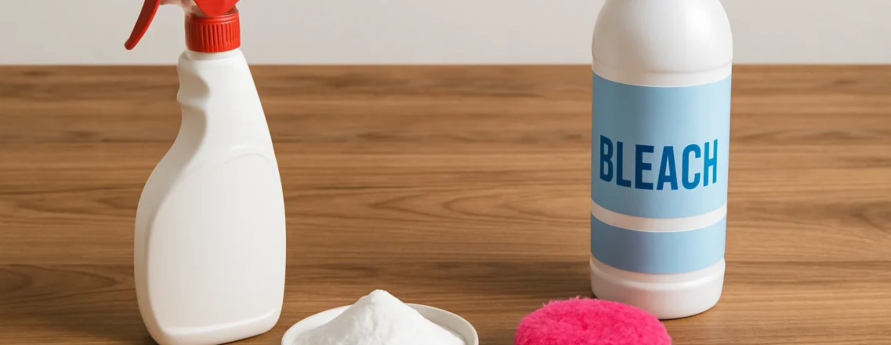 Een spuitfles, een bakje wit poeder, een fles met de tekst BLEACH (wat mag je niet gebruiken op een houten tafelblad) en een roze reinigingsspons staan op een houten oppervlak.