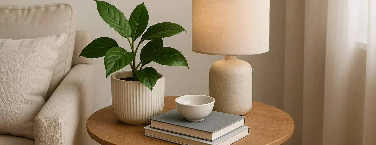 Een ronde houten bijzettafel met een groene plant in pot, een beige lamp, drie gestapelde boeken en een kleine witte schaal is het perfecte antwoord op de vraag: wat moet je op een bijzettafel zetten.