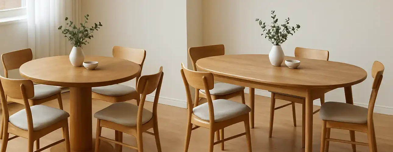 Twee houten eettafels, elk met vier bijpassende stoelen, staan in een lichte kamer met lichte houten vloeren. Benieuwd wat er meer ruimte in moet? Elke tafel heeft een witte vaas met groen gebladerte en een kleine witte schaal als centerpieces.