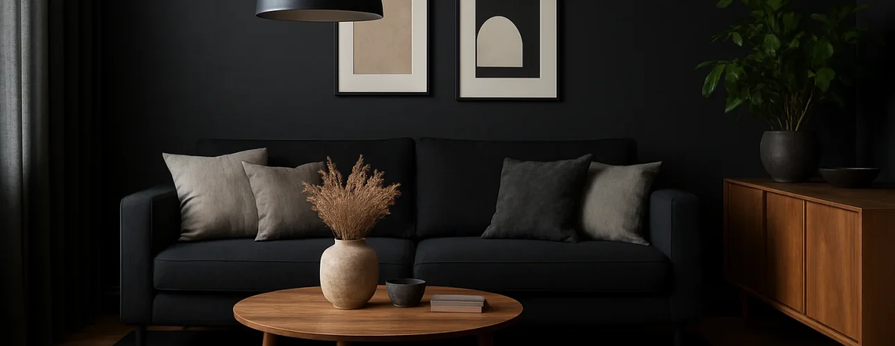 Een moderne woonkamer met een donkere bank, neutrale kussens en een houten salontafel - perfect voor wie zich afvraagt wat er voorbij komt bij een zwart interieur - heeft abstracte prints op een zwarte muur, een grote plant en een houten dressoir onder zachte verlichting.