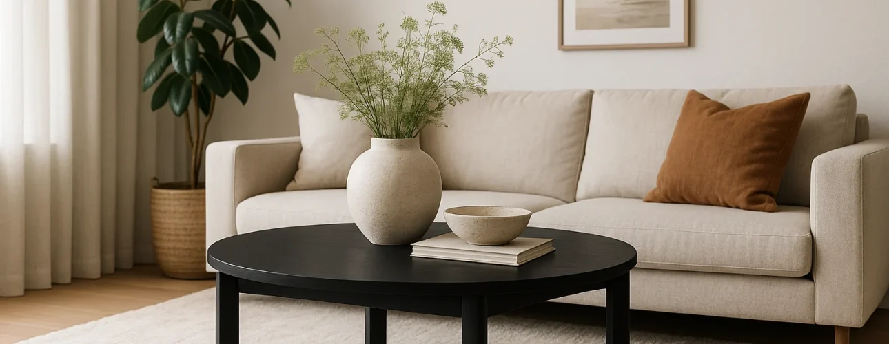 Een moderne woonkamer met een beige bank, bruine kussens en een zwarte ronde salontafel-wat past bij een zwarte salontafel, inclusief een vaas met groen gebladerte, een schaal, boeken, een grote potplant en neutrale muurkunst.