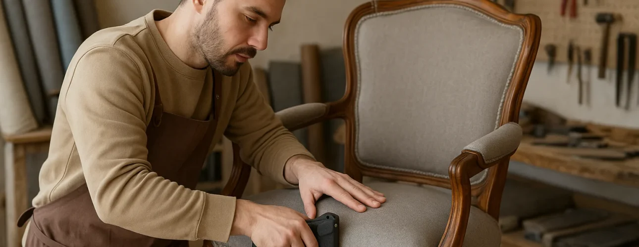 Een man met een bruin schort herstoffeert een houten fauteuil met een nietpistool in een werkplaats, omringd door gereedschap en rollen stof - misschien nadenkend over wat het verschil is tussen een salontafel en een bijzettafel.