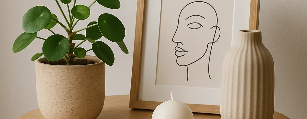 Wat staat er leuk op een bijzettafeltje? Een ronde houten tafel met een potplant, een minimalistische lijntekening van een gezicht in lijst, een geribbelde beige vaas en een witte kaars op schoteltje tegen een lichte muur.
