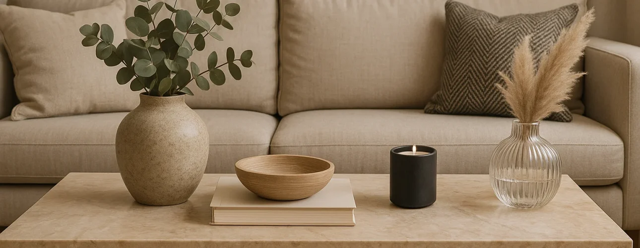 Neutraal getinte woonkamer met een beige bank, kussen met patroon en een houten salontafel met daarop wat staat mooi op een salontafel: een vaas met groen, een boek, houten schaal, zwarte kaars en heldere vaas met pampagras.