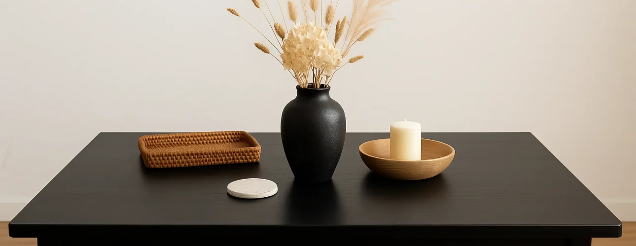 Een zwarte tafel met een zwarte vaas gedroogde bloemen, een rieten dienblad, een ronde witte onderzetter en een houten schaal met een witte kaars-wat staat mooi op een zwarte tafel tegen een lichte muur en houten vloer.