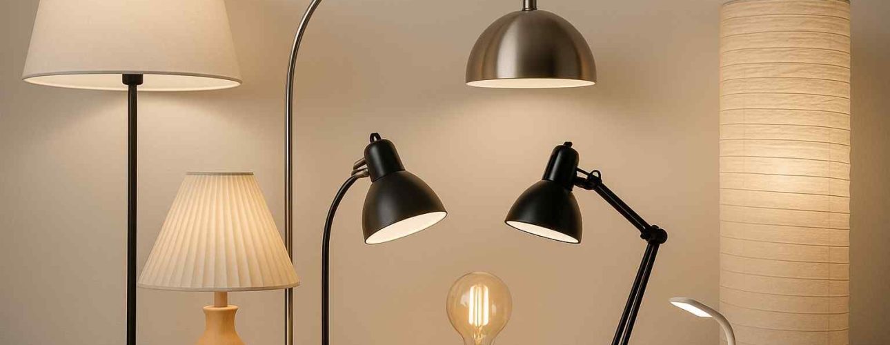 Diverse lampen op een houten tafel. Staande lampen met witte kap, zwarte bureaulampen en een lamp met een gloeilamp. Warm licht.