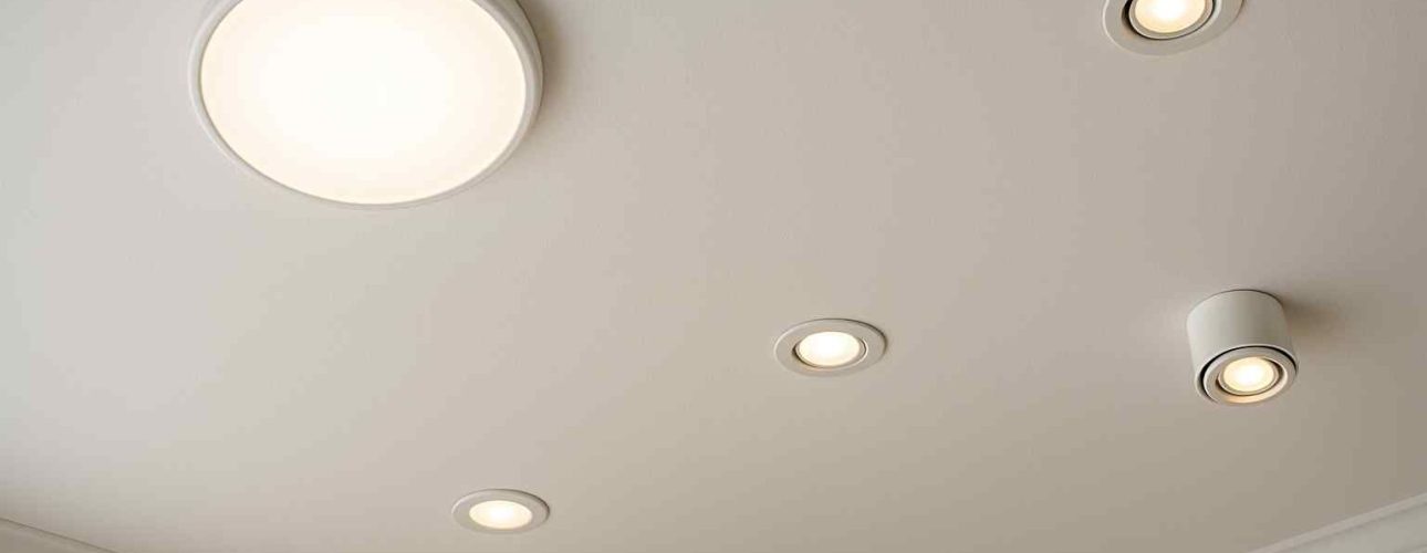 Wit plafond met ronde plafondlamp en inbouwspots. De lampen geven een warme gloed. Design verlichting voor een comfortabele woonkamer.