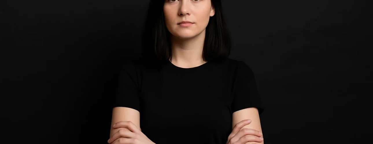 Een vrouw met steil zwart haar en een lichte huid staat tegen een zwarte achtergrond, draagt een zwart t-shirt, slaat haar armen over elkaar en kijkt met een neutrale uitdrukking recht in de camera - wat zegt de kleur zwart over je persoonlijkheid?.
