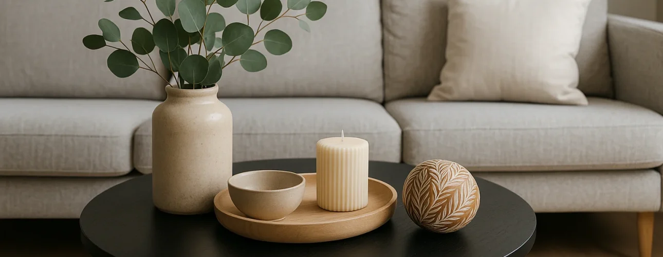 Een moderne woonkamer met een lichtgrijze bank en een ronde zwarte salontafel, perfect voor wie zich afvraagt "Wat zet ik op een zwarte salontafel?". De tafel is voorzien van een vaas met eucalyptus, kaarsenplateau, schaal en decoratieve bol.