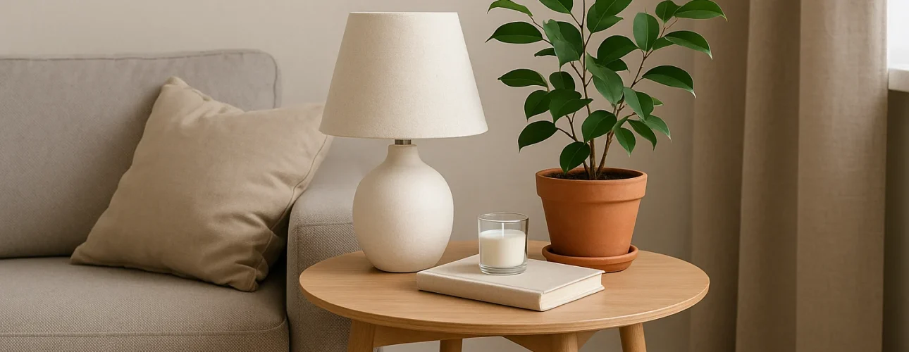 Een ronde houten bijzettafel met een witte lamp, een potplant, een dichtgeslagen boek en een glazen kaars - perfecte ideeën voor wat zet je op een bijzettafel - staat naast een beige bank met een kussen in een zacht verlichte, neutraal getinte woonkamer.