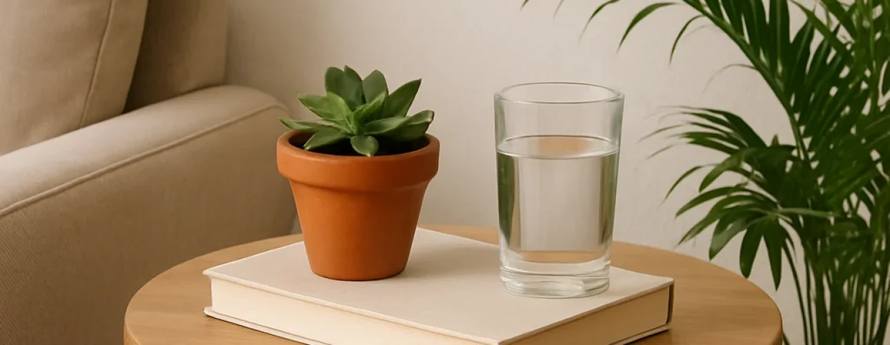 Een ronde houten bijzettafel met een dichtgeslagen boek, een kleine vetplant in pot en een glas water erop - de perfecte inspiratie als je je afvraagt: wat zet je op een bijzettafeltje? Op de achtergrond omlijsten een beige bank en een plant het knusse tafereel.