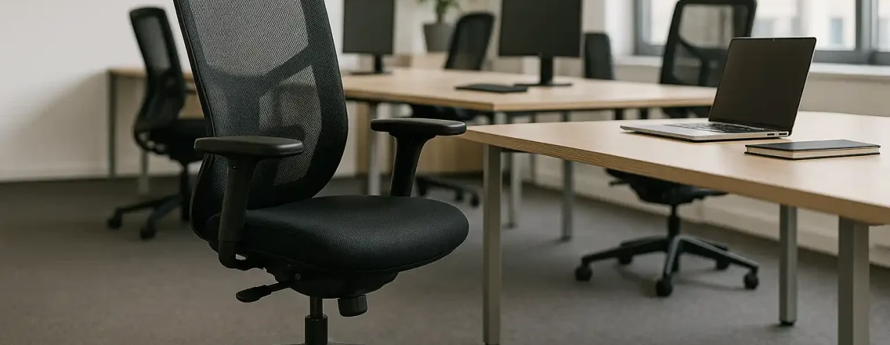 Een modern kantoor met lege zwarte bureaustoelen op een kantoor, houten bureaus, computerschermen, een laptop en een notebook. Grote ramen laten natuurlijk licht binnen, met een potplant op de achtergrond.