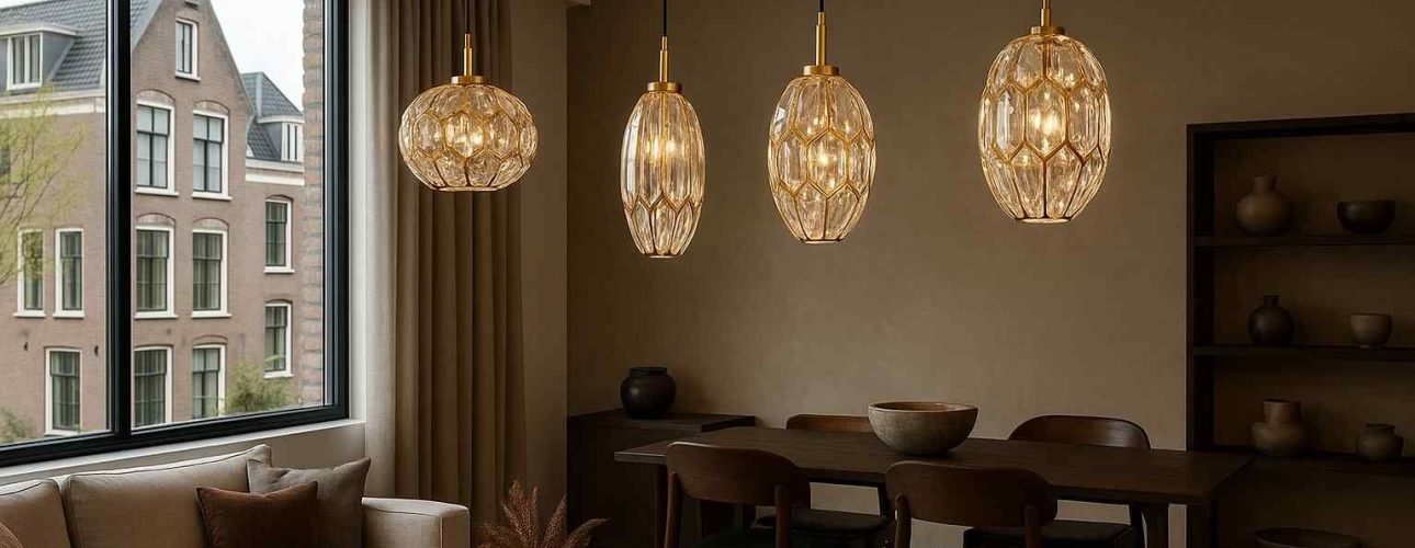 Interieurfoto: vier luxe hanglampen boven een donkerhouten eettafel. Beige muren, comfort zitbank en uitzicht op een grachtenpand.