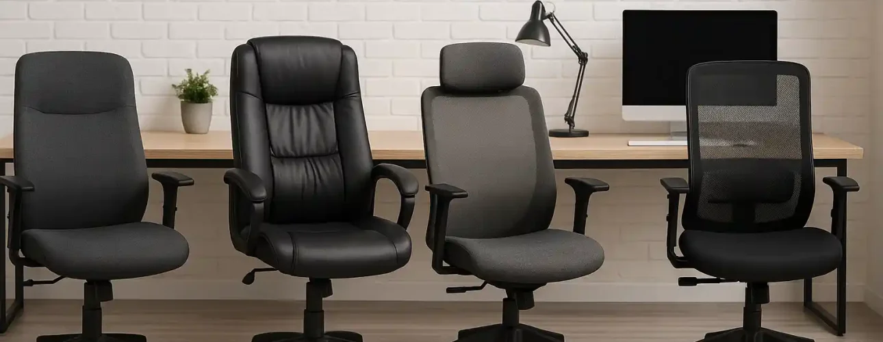 Vier van de beste bureaustoelen staan op een rij voor een houten bureau met een computer, lamp, plant en boeken, tegen een witte bakstenen muur in een moderne kantooromgeving.