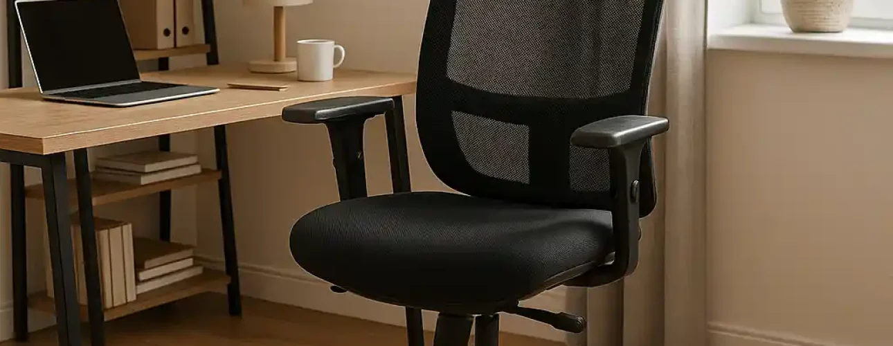 Een moderne zwarte bureaustoel van gaas, een van de beste bureaustoelen voor thuiswerken, staat op een houten vloer in een thuiskantoor. Vlakbij staan een laptop, lamp en decor op een houten bureau. Een plant staat op de vensterbank bij beige gordijnen.