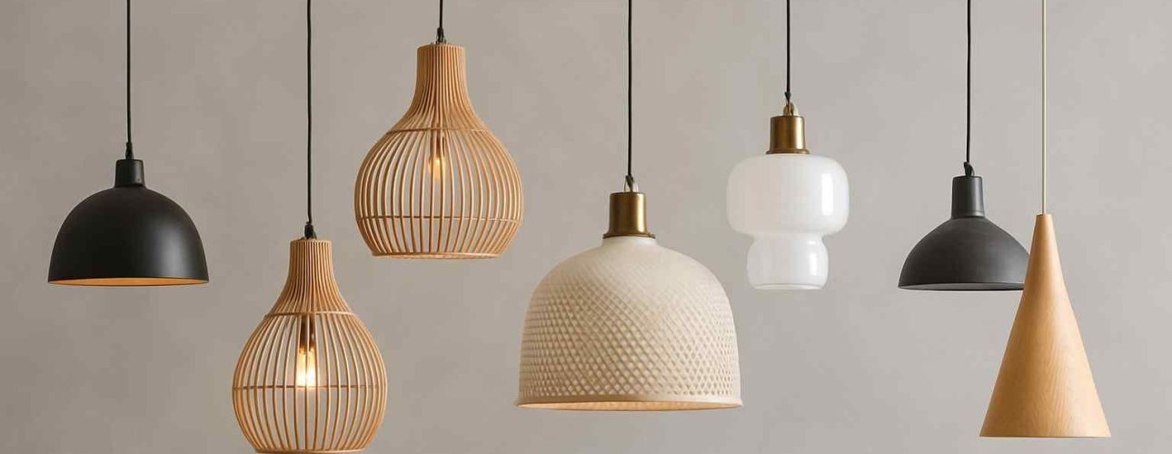 Zeven hanglampen in diverse stijlen en materialen. Houten latten, wit glas en zwart metaal tegen een zacht grijze achtergrond. Design woonkamer.