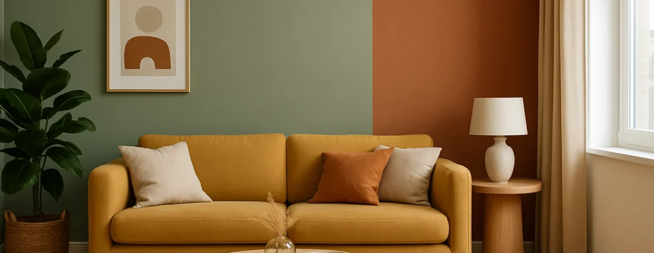 Een moderne woonkamer met een mosterdgele bank, neutrale kussens en abstracte muurkunst weerspiegelt wat de interieurkleurtrends zijn voor 2025, met groene en terracotta muren, een houten salontafel, een plant in potten en binnenvallend zonlicht.