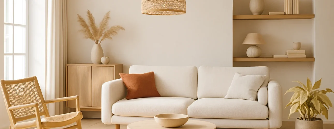 Een gezellige, minimalistische woonkamer met een lichtbeige bank, een houten salontafel, een rotan stoel, een geweven hanglamp en een neutrale inrichting met planten, vazen en planken tegen crèmekleurige muren.