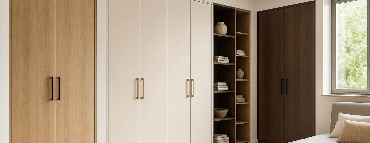 Een moderne slaapkamer met drie ingebouwde kasten in licht hout, wit en donker hout weerspiegelt wat zijn de kasttrends; een open kast houdt decor en boeken, terwijl het bed naast een raam staat met uitzicht op groen.