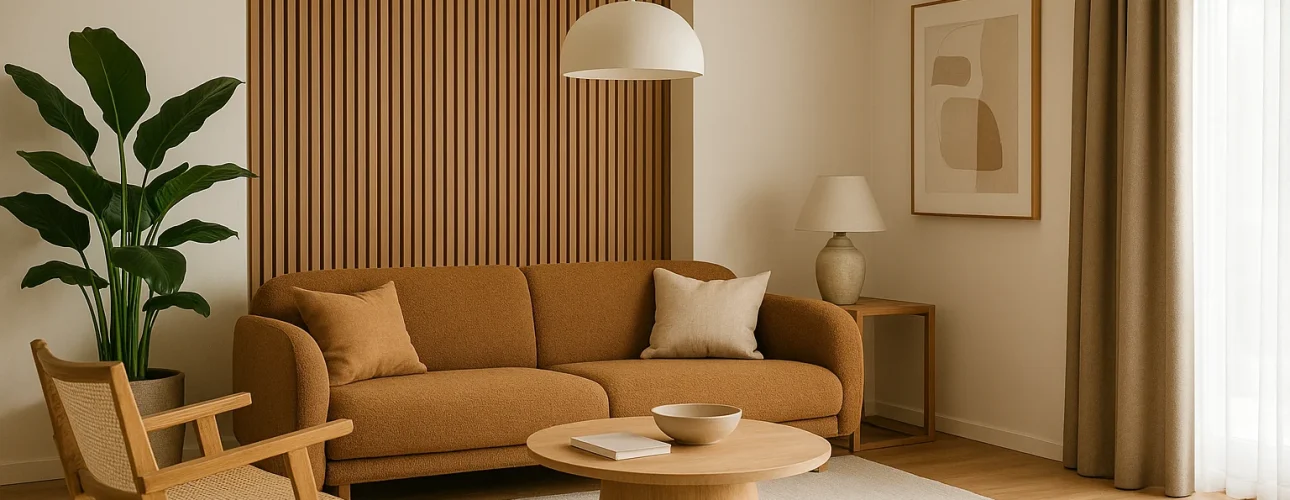 Minimalistische woonkamer met een bruine bank, houten stoel, ronde salontafel en grote plant. Verticale houten latten accentueren de muur achter de bank-een mooi voorbeeld van wat zijn de meubeltrends in neutrale, lichte interieurs.