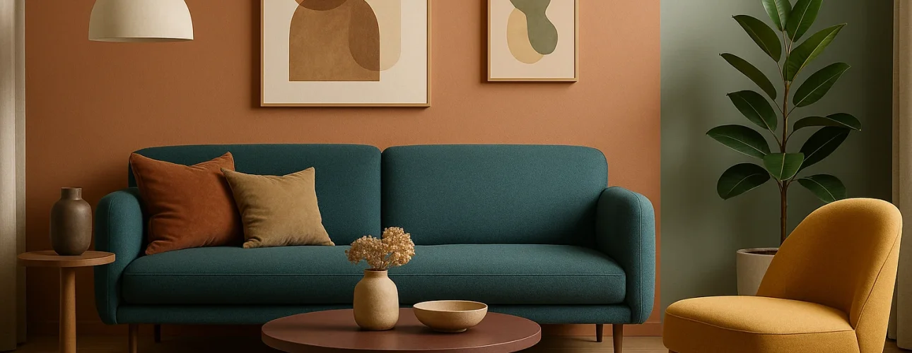 Een moderne woonkamer met een blauwgroene bank, een mosterdkleurige stoel, een ronde salontafel, een plant in potten en abstracte kunst op aardetinten muren laat op subtiele wijze zien wat de mode kleuren voor interieurs is in een gezellige, stijlvolle sfeer gevuld met zacht natuurlijk licht.