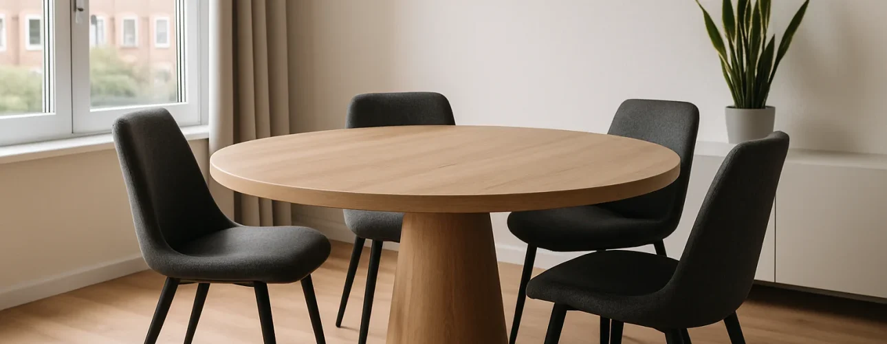 Een moderne eethoek met een ronde houten tafel - perfect voor een gesprek en toch wat verwonderd, wat zijn de nadelen van een ronde tafel - vier donkergrijze stoelen, een plant in potten op een witte buffetkast, een houten vloer en een groot raam dat natuurlijk licht binnenlaat.
