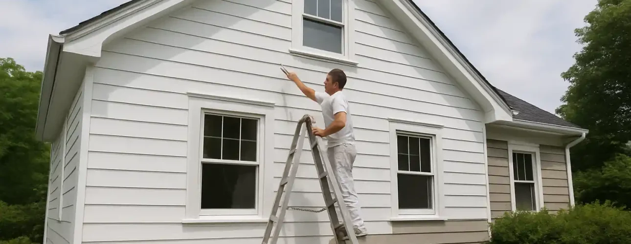 Een persoon staat op een ladder de buitenkant van een wit huis te schilderen op een zonnige dag. Terwijl de tuin groen is met struiken, kun je je afvragen: wat zijn de nadelen van wit schilderen bij het kiezen van deze heldere kleur voor hun huis.