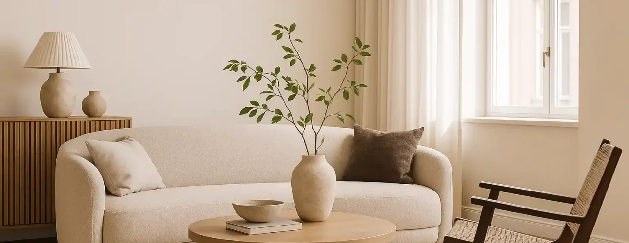 Minimalistische woonkamer met een crèmekleurige bank, houten salontafel en fauteuil. Neutrale tinten en zacht licht benadrukken de eenvoudige inrichting-een stijl die perfect past bij wat zijn de nieuwe meubeltrends. Een vaas met groene takken voegt een rustige, moderne toets toe.
