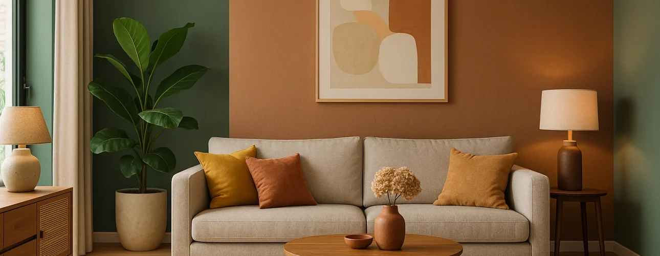 Een moderne woonkamer met een beige bank, oranje en mosterdkleurige kussens - wat zijn de nieuwste kleuren - plus een ronde houten salontafel, een plant in potten en minimalistische kunst aan een muur in aardetinten. Warme verlichting en een natuurlijke inrichting creëren een gezellige sfeer.