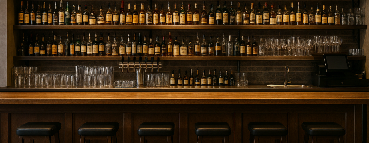 Een warme, schemerig verlichte bar met houten krukken op een rij aan een toonbank van wat zijn de standaard afmetingen. Achter de bar staan planken met talloze flessen drank en glaswerk, allemaal zacht verlicht door drie lampen aan het plafond.