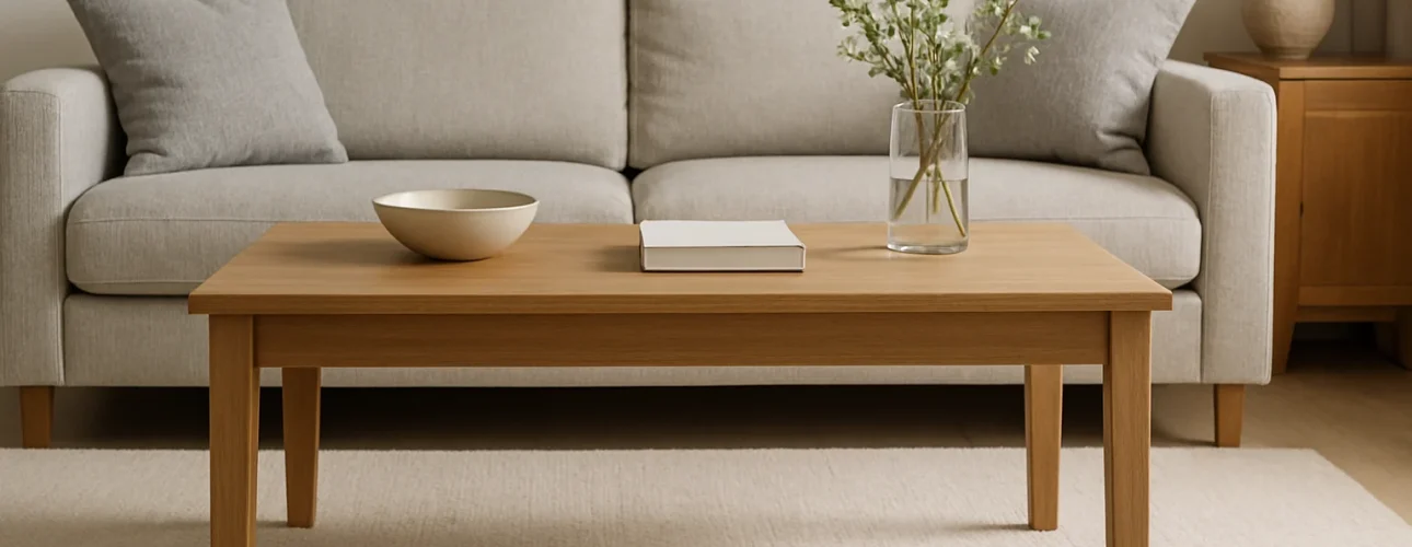 Een minimalistische woonkamer met een lichtgrijze bank en een houten salontafel - ideaal binnen de standaardmaten van een salontafel - met daarin een vaas met groene takken, een witte schaal en een gesloten boek, op een licht vloerkleed. Een lamp en een kast staan op de achtergrond.