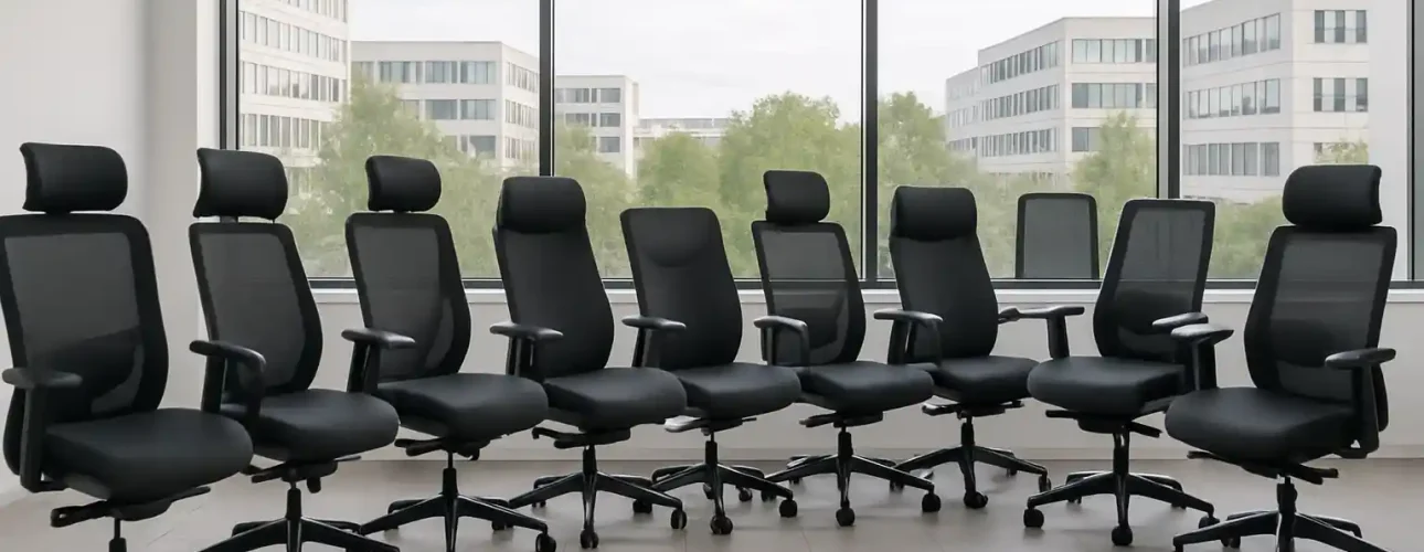 Wat zijn de top 10 beste bureaustoelen Acht zwarte bureaustoelen met hoofdsteunen, geïnspireerd op lijsten met top 10 beste bureaustoelen, staan op een rij in een moderne, lege vergaderruimte met grote ramen die uitkijken op kantoorgebouwen en bomen.