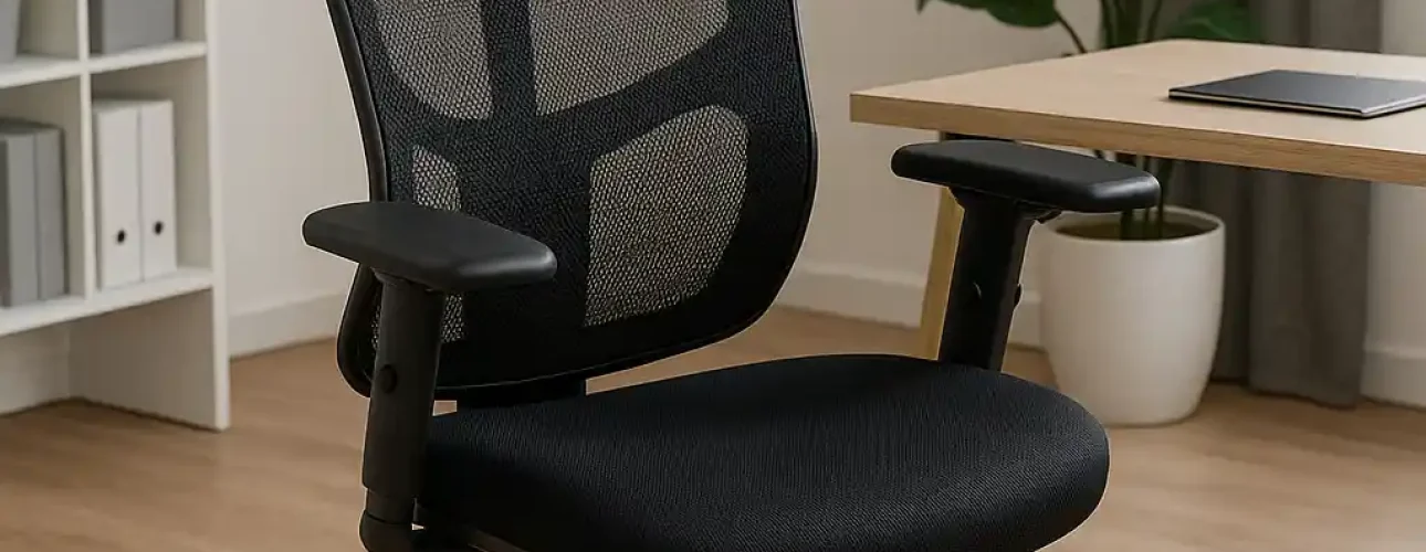 Een moderne zwarte ergonomische bureaustoel met een rugleuning en hoofdsteun van gaas staat naast een houten bureau in een licht, minimalistisch kantoor met lichte houten vloeren, een plant in potten en een boekenplank.