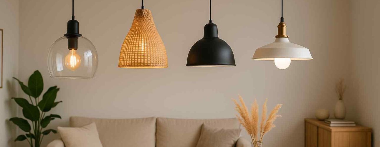 Vier hanglampen boven een houten tafel in een woonkamer. De lampen zijn van glas, rotan, zwart metaal en wit metaal. Zitbank in zachte kleuren.