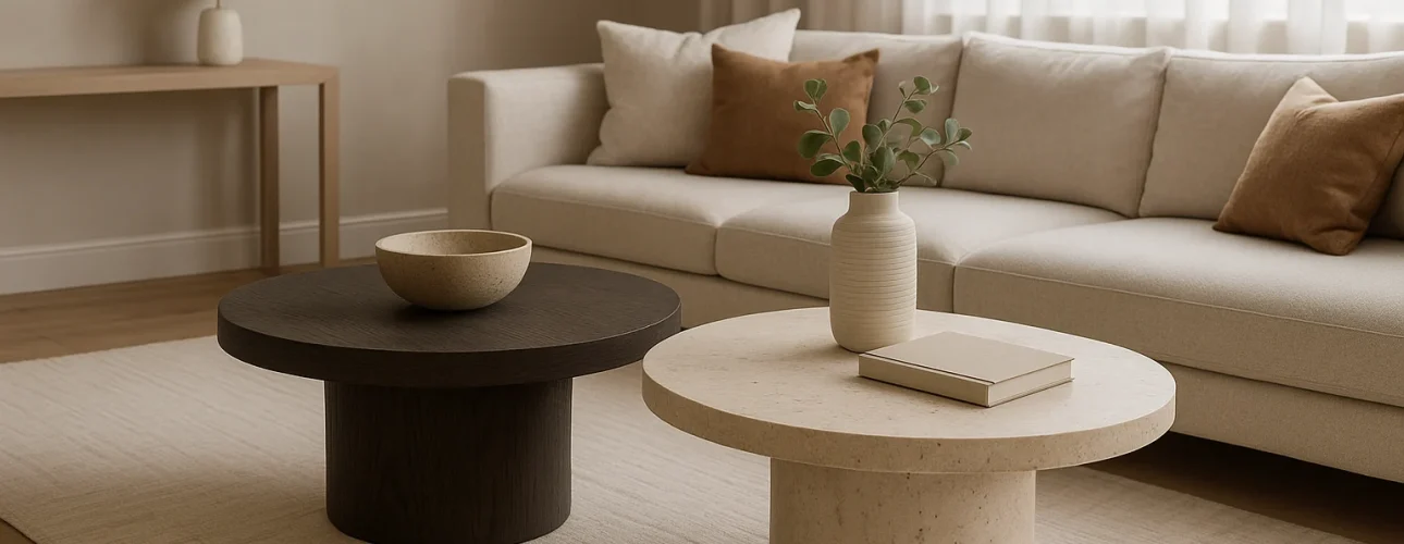 Een moderne woonkamer met een crèmekleurige bank, neutraal getinte kussens en twee ronde salontafels - een donkere en een lichte - laat zien wat de trend is voor salontafels, gestyled met een vaas, boek en schaal. Licht valt door de transparante gordijnen om de look compleet te maken.