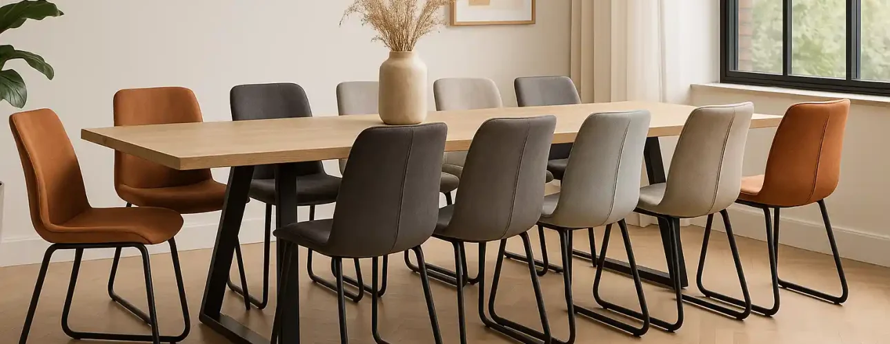 Een moderne eetkamer met een houten tafel, tien gestoffeerde eetkamerstoelen in bruine en grijze tinten die weerspiegelen wat de trends zijn voor 2025, een vaas met gedroogd gras, lichte visgraat houten vloeren, een groot raam en minimalistische muurkunst.