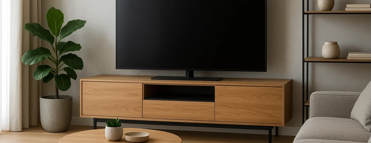 Een moderne woonkamer met een grote flatscreentelevisie op een houten tv-meubel - perfect voor wie zich afvraagt "Wat zijn de trends voor tv-meubels?"- plus een potplant, ronde salontafel, beige vloerkleed, grijze bank en een plank met decoratieve voorwerpen.