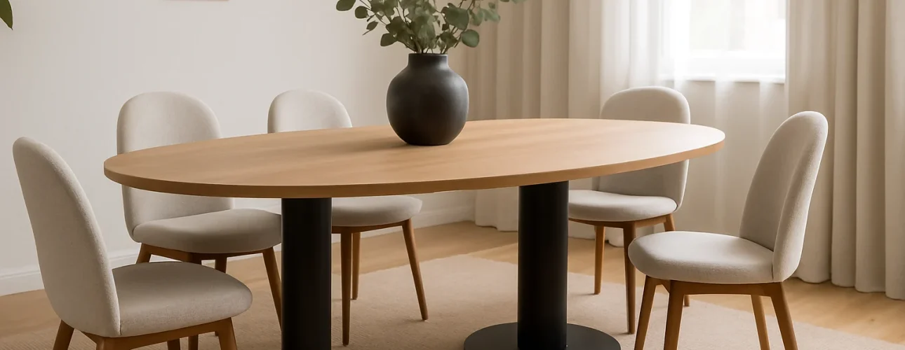 Een minimalistische eetkamer met een houten ovale tafel, vijf licht gestoffeerde stoelen, een zwarte vaas met groen, beige gordijnen en zacht natuurlijk licht uit een raam.