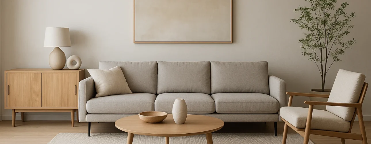 Een moderne woonkamer met een beige bank, lichte stoel, ronde houten salontafel en potplant laat zien wat zijn moderne meubels zijn in een gezellige, minimalistische ruimte met neutrale muurkunst en ramen met transparante gordijnen.