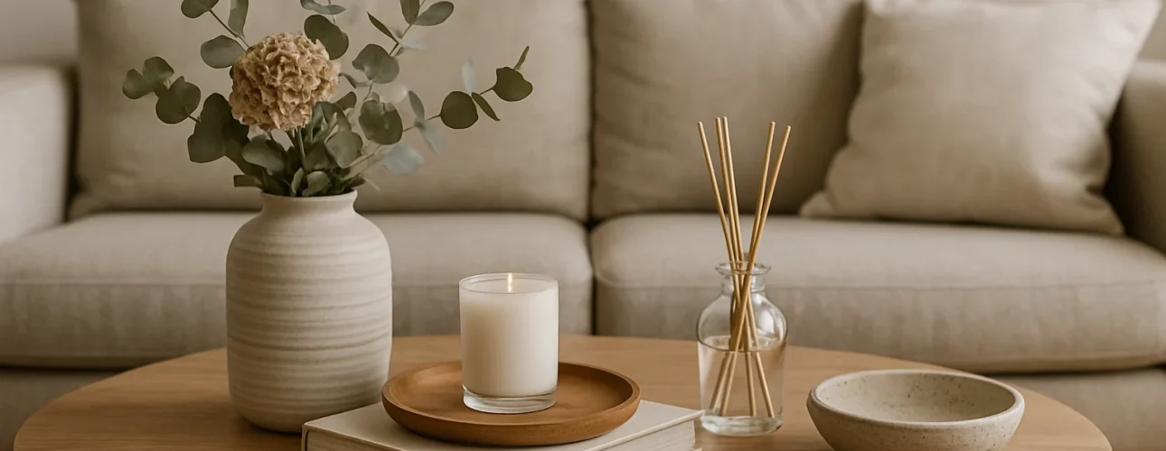 Een beige bank achter een houten salontafel gestyled met populaire decoratieartikelen voor op de salontafel: een vaas met gedroogde bloemen, een brandende kaars op een boek, een schaal en een glazen pot met rietverspreiders netjes gerangschikt.