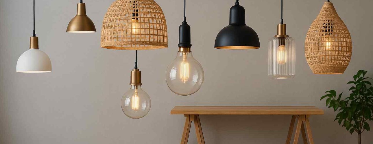 Diverse hanglampen boven een houten bankje, sfeervolle verlichting. Verschillende materialen en vormen, van rotan tot glas en metaal. Licht houten vloer.