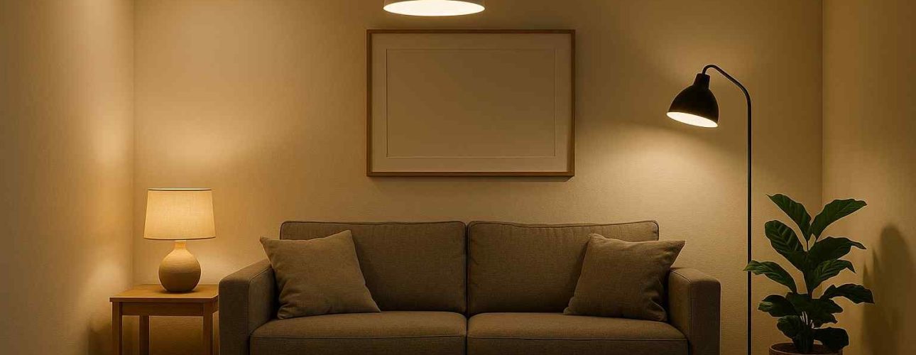 Interieur met comfort zitbank, houten vloer en zachte verlichting. Een staande lamp, tafellamp en hanglamp zorgen voor sfeer in de woonkamer.