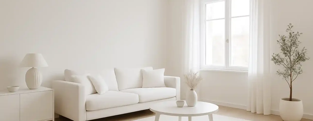 Minimalistische woonkamer met witte muren, een witte bank, salontafel, vloerkleed en transparante gordijnen. Welk effect heeft de kleur wit? Het zorgt voor een heldere, serene ruimte met een gevoel van rust en ruimtelijkheid.